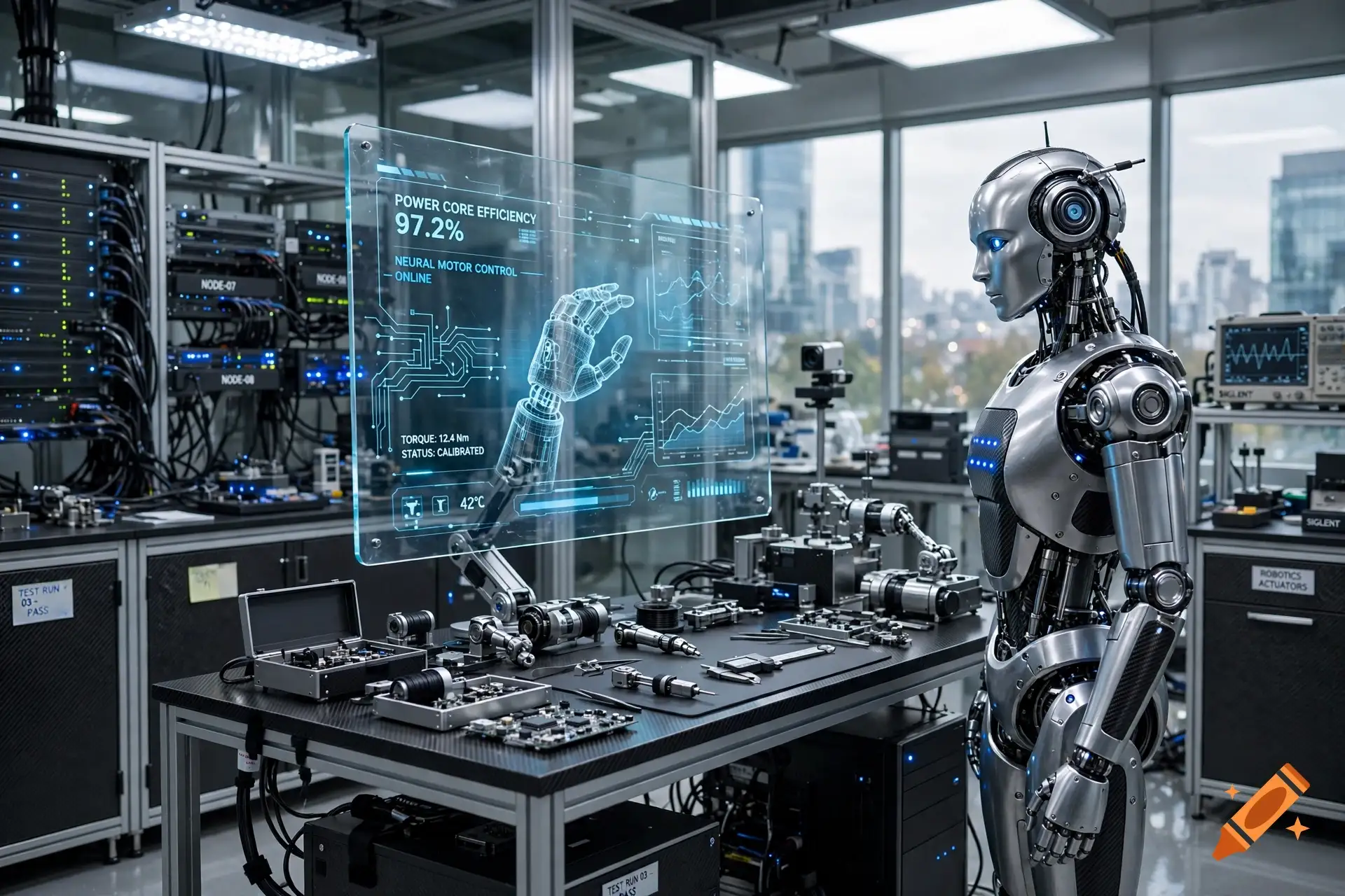 A humanoid robot in a robotics lab studies a holographic display of a robotic hand beside a workbench of actuators.