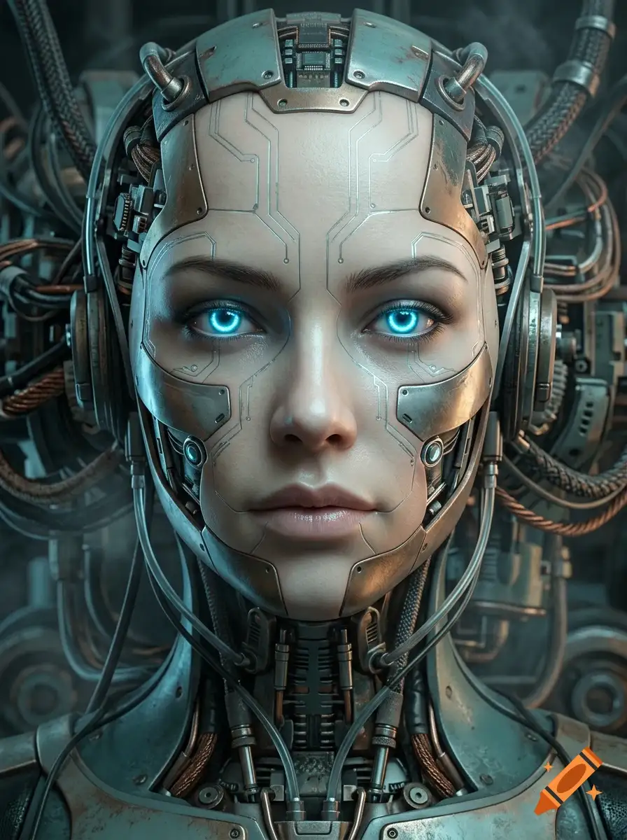 Close-up portrait of an early humanoid machine, a human face framed by worn metal plates, cables and gears.