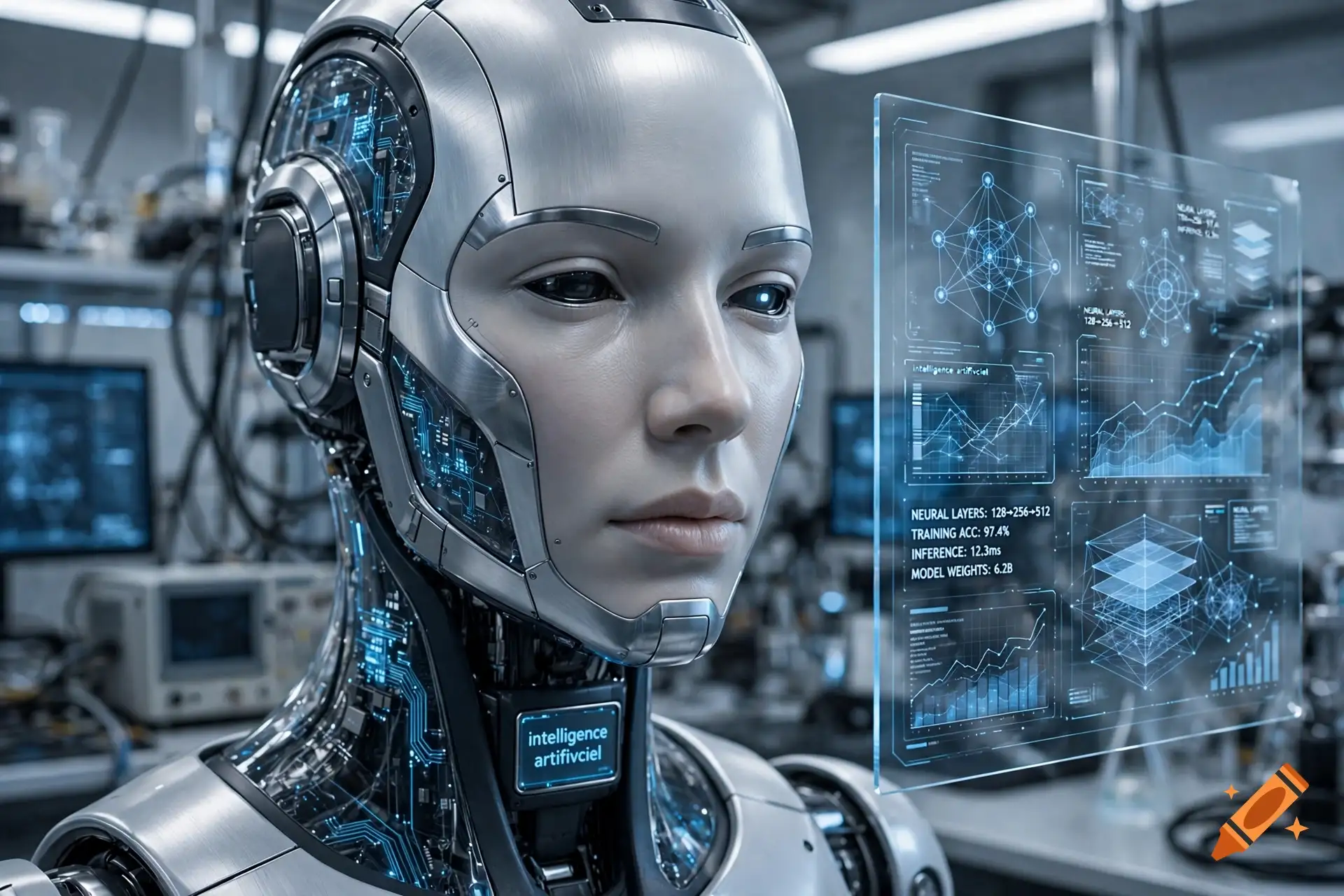 A silver humanoid AI beside a transparent screen showing neural network layers and training charts.