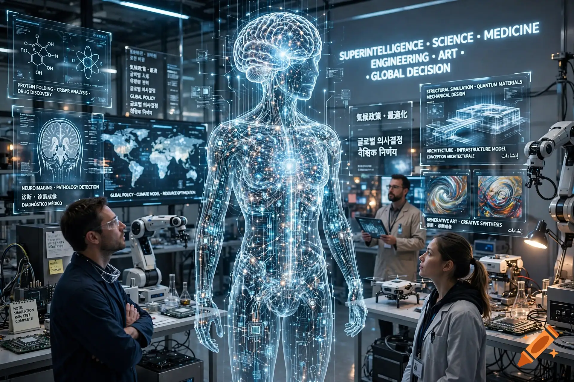 Scientists in a laboratory look up at a glowing holographic figure surrounded by screens on medicine, materials and climate.