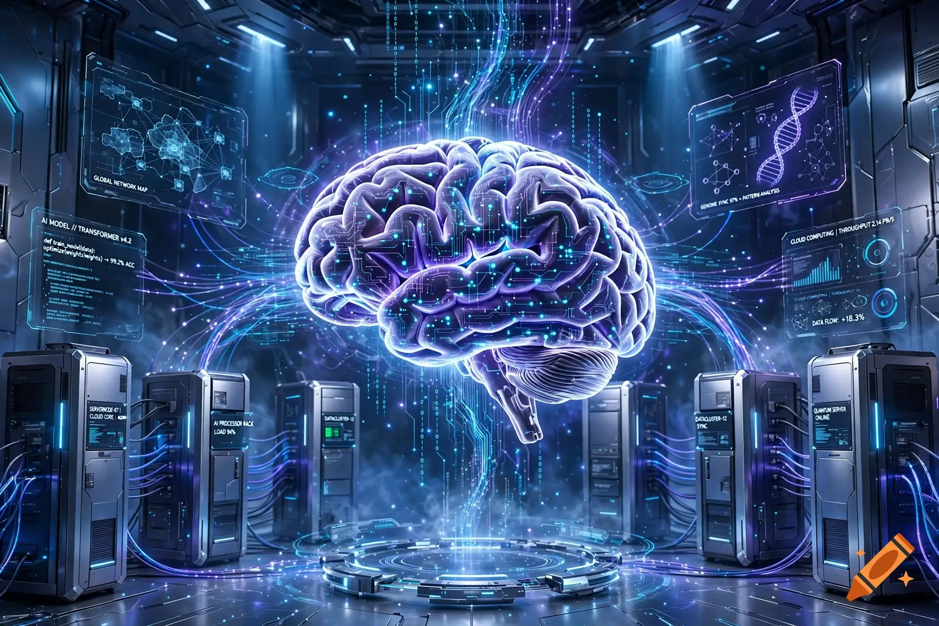 A giant glowing brain suspended above rows of servers in a vast data centre, wrapped in streams of data.